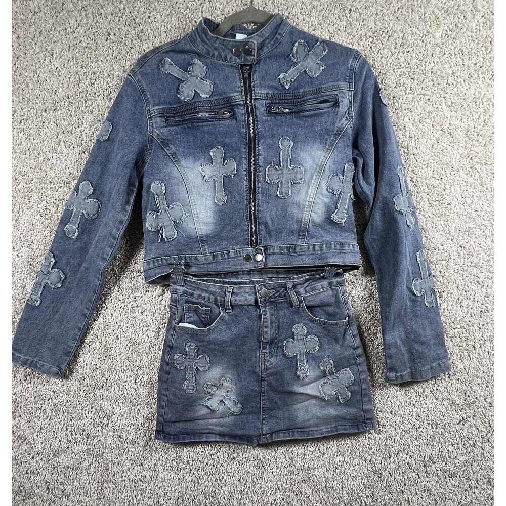 Y2K Denim Cross Patch Mini Skirt & Cropped Jacket Set Women Large